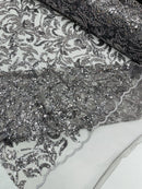 Beaded Flower Leaf Fabric - Gray - Shiny Beads and Sequins in Flower Design on Lace by Yard
