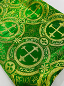 Brocade Cross Fabric - Green / Gold - Church Vestment Religious Jacquard Fabric By Yard