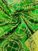 Brocade Cross Fabric - Green / Gold - Church Vestment Religious Jacquard Fabric By Yard