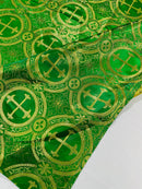 Brocade Cross Fabric - Green / Gold - Church Vestment Religious Jacquard Fabric By Yard
