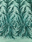 Leaf Design Stretch Sequins - Green - 4 Way Stretch Lace Mesh Sequins Fabric by Yard