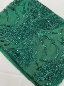 Wavy Leaf Sequins Fabric - Green - Wavy Lines and Leaves Design on Lace Mesh Fabric by Yard