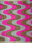 Wavy Line Velvet Sequins - Hot Pink / Gold / Clear Iridescent - Velvet Sequins 2 Way Stretch Fabric 58/60” By Yard