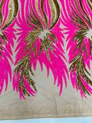 Phoenix Wing Sequins - Hot Pink / Gold - 4 Way Stretch Wings Pattern Design Fabric By Yard