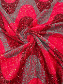 Wavy Line Velvet Sequins - Hot Pink/Rose/Mint - Velvet Sequins 2 Way Stretch Fabric 58/60” By Yard