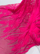 Wavy Leaf Sequins Fabric - Hot Pink - Wavy Lines and Leaves Design on Lace Mesh Fabric by Yard