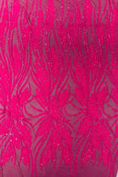 Wavy Leaf Sequins Fabric - Hot Pink - Wavy Lines and Leaves Design on Lace Mesh Fabric by Yard