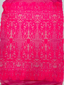 4 Way Stretch Fabric - Hot Pink Iridescent - Sequins Design on Spandex Mesh Fashion Fabric