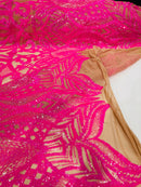 Hot Pink on Nude - 4 Way Stretch Embroidered Royalty Sequins Design Fabric By Yard