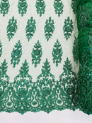 Floral Bead Embroidery Fabric - Hunter Green - Damask Floral Bead Bridal Lace Fabric by the yard