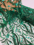 Wavy Leaf / Floral Bead Fabric - Hunter Green - Beaded Rhinestone Embroidered on a Mesh By Yard