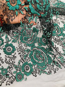 3D Rose Chunky Glitter Fabric - Hunter Green - Rose Floral Design Glitter on Tulle Fabric Sold by Yard