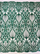 Damask Leaf Bead Fabric - Hunter Green - Heavy Beaded Embroidered Sequins Lace Fabric by Yard