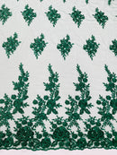 Beaded Rose Flower Fabric - Hunter Green - Embroidered Beaded Long Border Floral Fabric By Yard