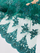 Beaded Floral Fabric - Hunter Green - Floral Cluster Design Fabric with Damask Border by Yard