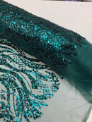 Floral Beaded Wavy Fabric - Hunter Green - Beaded Sequins Wavy Embroidered Fabric Sold By Yard
