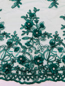 3D Embroidered Floral Fabric - Hunter Green - 3D Rhinestone and Sequins Floral Fabric Sold By Yard