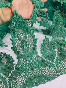 Heavy Bead Floral Fabric - Hunter Green - Beaded Flower Design Fabric Fancy Border By Yard