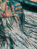 Wavy Design Beaded Fabric - Hunter Green - Beaded Wavy Leaf Embroidered Fabric By Yard