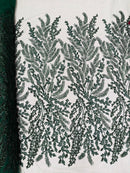 Floral Leaf Bead Sequins Fabric - Hunter Green - Leaf Nature Beaded Sequins Lace Fabric by The Yard