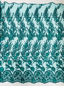 3D Floral Leaf Panels - Hunter Green - Embroidered 3D Flower Lines with Pearls on Lace By Yard