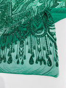 Zig Zag Design Sequins - Hunter Green - 4 Way Stretch Embroidered Zig Zag Sequins Lace Fabric By The Yard