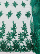 Beaded Rose Flower Fabric - Hunter Green - Embroidered Beaded Long Border Floral Fabric By Yard