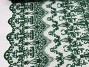 Damask Bead Fabric - Hunter Green - Embroidered Glamorous Fabric with Round Beads Sold By Yard
