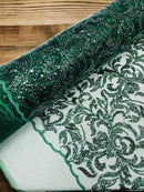 Beaded Flower Leaf Fabric - Hunter Green - Shiny Beads and Sequins in Flower Design on Lace by Yard