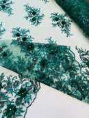 3D Floral Rhinestone Fabric - Hunter Green - Beaded Flower Clusters with Rhinestones / Sequins By Yard