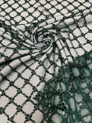 Beaded Diamond Net Fabric - Hunter Green - Embroidered Geometric Beaded Sequins Fabric Sold By Yard