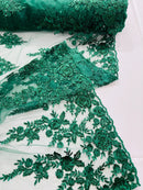 Beaded Rose Flower Fabric - Hunter Green - Embroidered Beaded Long Border Floral Fabric By Yard