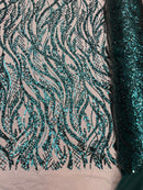 Floral Beaded Wavy Fabric - Hunter Green - Beaded Sequins Wavy Embroidered Fabric Sold By Yard