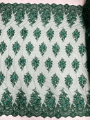 3D Fancy Floral Design Fabric - Hunter Green - 3D Flower Fabric with Small Beads on Lace Sold By Yard