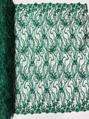 Small Flower Bead Fabric - Hunter Green - Beaded Flower Fabric with Curled Lines Design By Yard