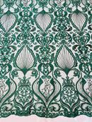 Damask Leaf Bead Fabric - Hunter Green - Heavy Beaded Embroidered Sequins Lace Fabric by Yard