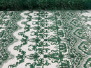 Damask Bead Fabric - Hunter Green - Embroidered Glamorous Fabric with Round Beads Sold By Yard