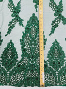 Heavy Bead Floral Fabric - Hunter Green - Beaded Flower Design Fabric Fancy Border By Yard