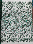 Wavy Leaf / Floral Bead Fabric - Hunter Green - Beaded Rhinestone Embroidered on a Mesh By Yard