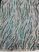 Wavy Design Beaded Fabric - Hunter Green - Beaded Wavy Leaf Embroidered Fabric By Yard
