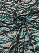 Floral Beaded Wavy Fabric - Hunter Green - Beaded Sequins Wavy Embroidered Fabric Sold By Yard