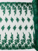 Beaded Rose Flower Fabric - Hunter Green - Embroidered Beaded Long Border Floral Fabric By Yard