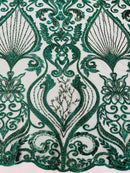 Damask Leaf Bead Fabric - Hunter Green - Heavy Beaded Embroidered Sequins Lace Fabric by Yard