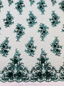 3D Floral Rhinestone Fabric - Hunter Green - Beaded Flower Clusters with Rhinestones / Sequins By Yard