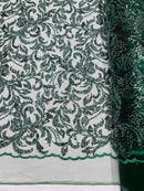 Beaded Flower Leaf Fabric - Hunter Green - Shiny Beads and Sequins in Flower Design on Lace by Yard