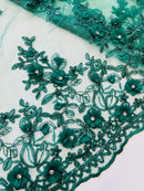 3D Embroidered Floral Fabric - Hunter Green - 3D Rhinestone and Sequins Floral Fabric Sold By Yard