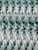3D Glitter Floral Design Fabric - Hunter Green - Floral Line Design Embroidered Sequins Fabric by Yard