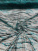 Wavy Design Beaded Fabric - Hunter Green - Beaded Wavy Leaf Embroidered Fabric By Yard
