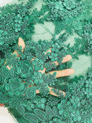 Corded Floral 3D Fabric - Hunter Green - Embroidered Floral Design on Lace Mesh Fabric by Yard