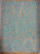 Heart Damask Sequins - Iridescent Aqua on Nude  - 4 Way Stretch Sequins Fabric By Yard